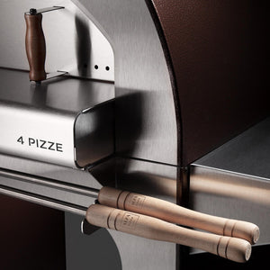 The ALFA 4 PIZZE outdoor pizza oven with optional sleek stainless steel bottom cart holds all your pizza making accessories easily 
