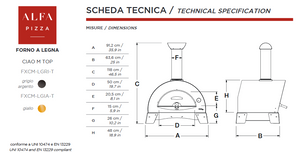 ALFA - CIAO Wood Fired Outdoor Pizza Oven technical specificatons.