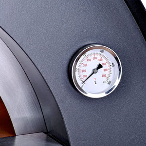 Great Outdoor Pizza Ovens gray Alfa Ciao outdoor wood-fired pizza oven thermometer close-up