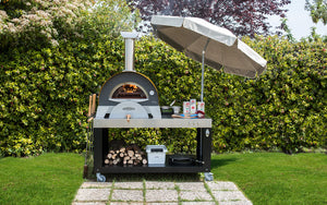 Stainless steel multi-functional base cart for your Great Outdoor Pizza Oven with plenty of space for food preparation (umbrella and oven not included)