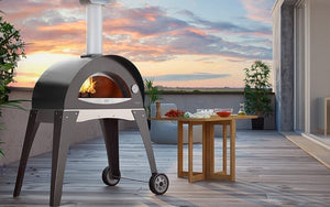 Great Outdoor Pizza Ovens gray Alfa Ciao outdoor wood-fired pizza oven on patio