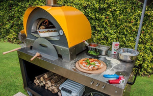 Great Outdoor Pizza Ovens yellow Alfa Ciao outdoor wood-fired pizza oven front view